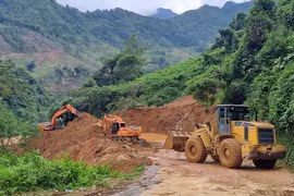 Các phương tiện máy móc tập trung xử lý hàng ngàn mét khối bùn đất trong vụ sạt lở ở Hà Giang. (Ảnh Đức Thọ/TTXVN)