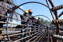 Công nhân thi công lồng sắt cho cọc khoan nhồi trên công trường xây dựng cầu Đại Ngãi nối đôi bờ sông Hậu những ngày cận Tết Giáp Thìn 2024. (Ảnh: Trung Hiếu/TTXVN)