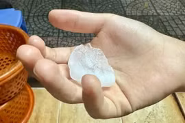 Một hạt mưa đá to gần bằng nửa lòng bàn tay rơi xuống khu vực đường Phó Đức Chính. (Ảnh: Hồng Giang/TTXVN)
