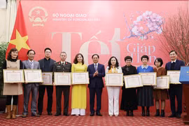 Bộ trưởng Bộ Ngoại giao Bùi Thanh Sơn trao Bằng khen tặng các cơ quan báo chí. (Ảnh: Lâm Khánh/TTXVN)