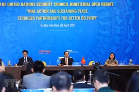 Bộ trưởng Bộ Ngoại giao Bùi Thanh Sơn chủ trì Phiên họp trực tuyến cấp bộ trưởng HĐBA LHQ về chủ đề "Khắc phục hậu quả bom, mìn và duy trì hòa bình bền vững: Tăng cường gắn kết để hiệu quả hơn." (Ảnh: Lâm Khánh/TTXVN)