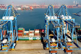 Bốc dỡ hàng hóa tại cảng Thanh Đảo, tỉnh Sơn Đông, Trung Quốc, ngày 19/2/2021. (Ảnh: THX/TTXVN)