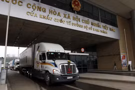 Các xe container chở hàng nông sản chờ làm thủ tục xuất khẩu sang Trung Quốc tại Cửa khẩu quốc tế đường bộ số II Kim Thành. (Ảnh: Quốc Khánh/TTXVN)