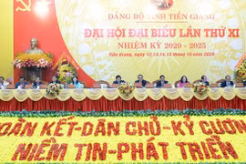 Đại hội đại biểu Đảng bộ tỉnh Tiền Giang lần thứ XI, nhiệm kỳ 2020-2025 với phương châm: “Đoàn kết-Dân chủ-Kỷ cương-Niềm tin-Phát triển.”(Ảnh: Hữu Chí/TTXVN)