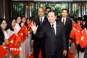 Đại diện cộng đồng người Việt Nam tại Trung Quốc đón Chủ tịch Quốc hội Trần Thanh Mẫn tại khách sạn. (Ảnh: Doãn Tấn/TTXVN)
