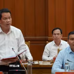 Chủ tịch UBND thành phố Đà Nẵng Nguyễn Mạnh Hùng phát biểu tại buổi làm việc. (Ảnh: Anh Dũng/TTXVN)