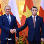 Thủ tướng Lê Minh Hưng và Thủ tướng Ba Lan Donald Tusk chụp ảnh chung trước hội đàm. (Ảnh: Dương Giang/TTXVN)
