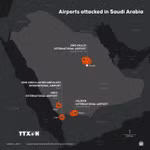 Đồ họa thông tin về các sân bay tại Saudi Arabia bị tấn công, được thực hiện tại Ankara, Thổ Nhĩ Kỳ ngày 9/10/2026. (Ảnh: AA/TTXVN phát)