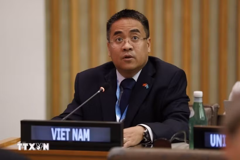 Công sứ Nguyễn Hải Lưu, Phó Trưởng Phái đoàn thường trực Việt Nam tại Liên hợp quốc, phát biểu tại phiên họp. (Ảnh: TTXVN phát)