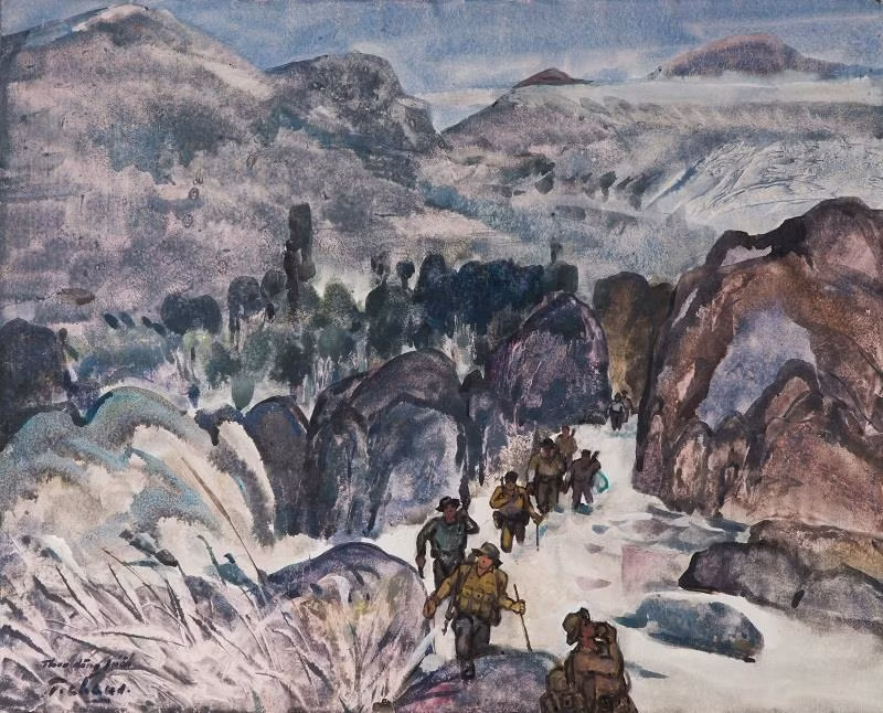  Đường Trường Sơn theo dòng suối, 1995 - Thuốc nước trên giấy, 64 x 80 cm – Họa sĩ Nguyễn Thanh Châu