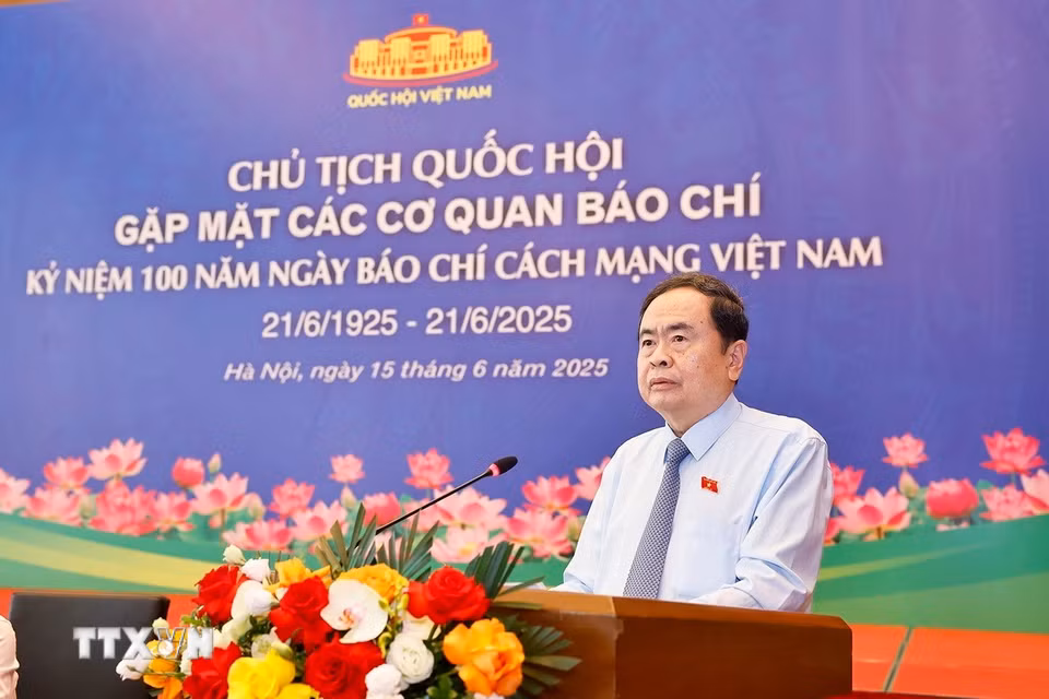 Chủ tịch Quốc hội Trần Thanh Mẫn phát biểu tại cuộc gặp mặt lãnh đạo các cơ quan báo chí. (Ảnh: Doãn Tấn/TTXVN)
