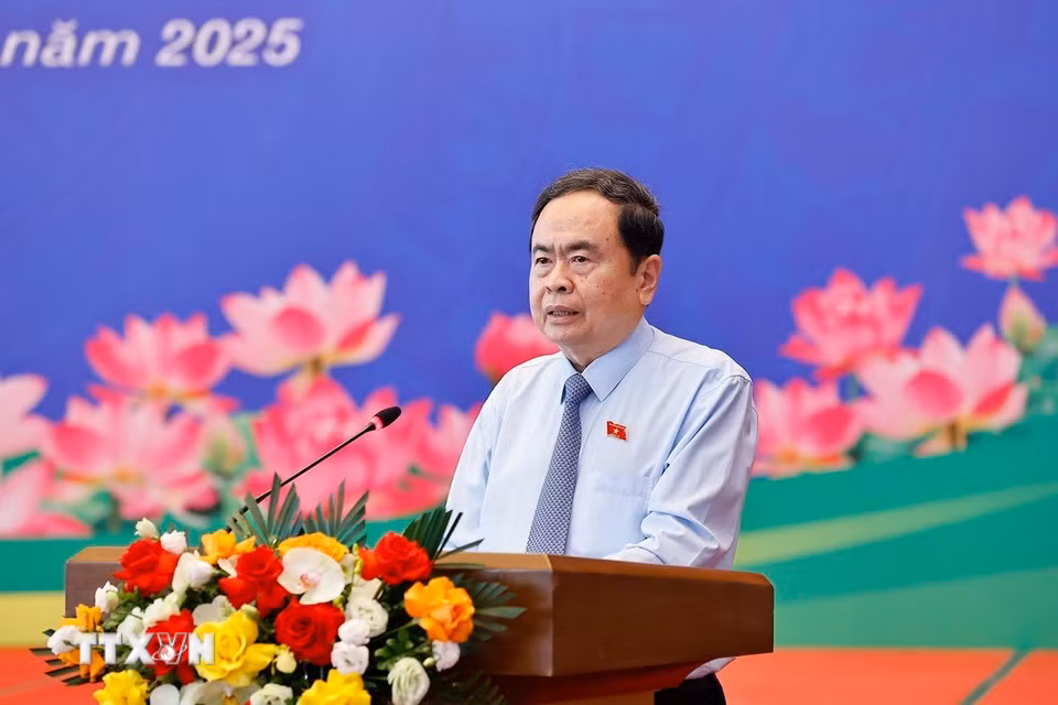 Chủ tịch Quốc hội Trần Thanh Mẫn phát biểu tại cuộc gặp mặt lãnh đạo các cơ quan báo chí. (Ảnh: Doãn Tấn/TTXVN)
