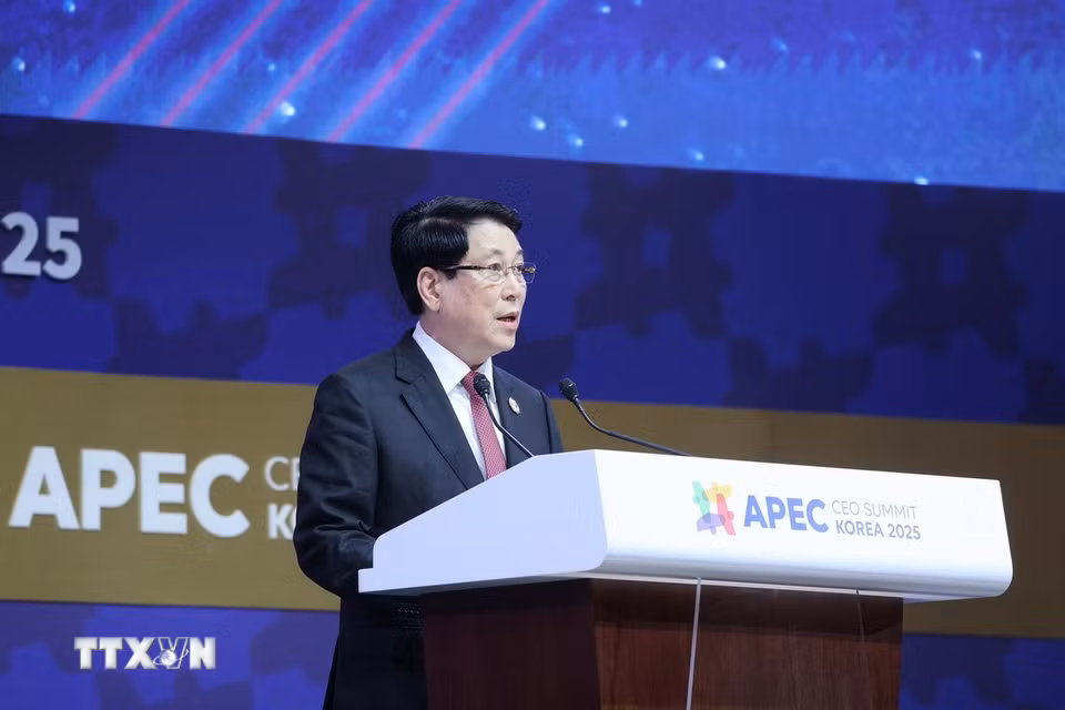 Chủ tịch nước Lương Cường phát biểu tại Hội nghị Thượng đỉnh Doanh nghiệp APEC 2025. (Ảnh: Lâm Khánh/TTXVN)