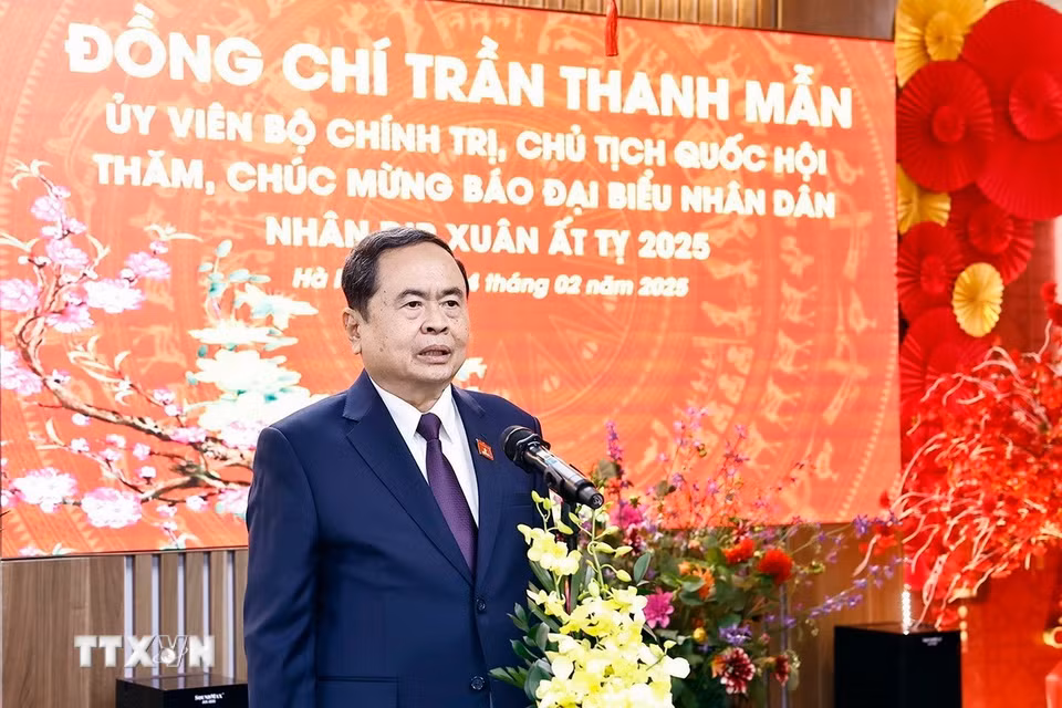 Chủ tịch Quốc hội Trần Thanh Mẫn phát biểu tại buổi làm việc với Báo Đại biểu Nhân dân. (Ảnh: Doãn Tấn/TTXVN)