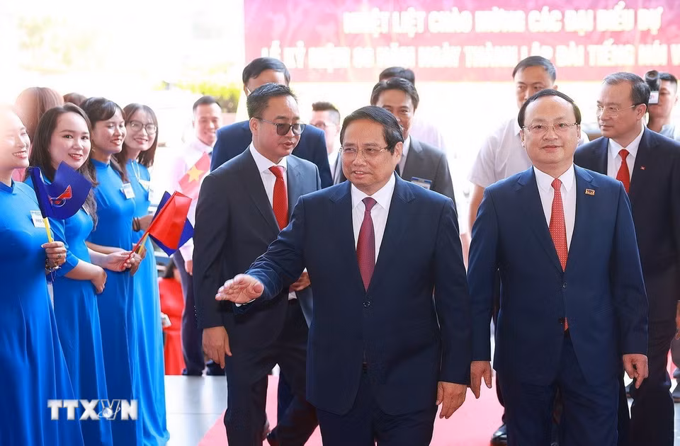 Thủ tướng Phạm Minh Chính đến dự Lễ kỷ niệm 80 năm Ngày thành lập Đài Tiếng nói Việt Nam. (Ảnh: Dương Giang/TTXVN)